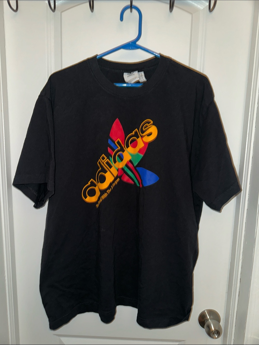 adidas Black Short Sleeve Tee with Multicolor Trefoil Logo